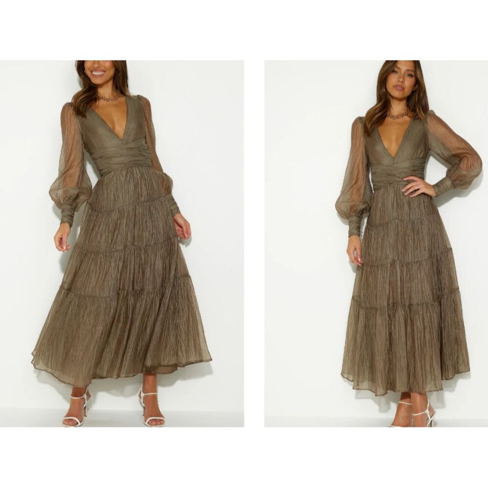 Sheer Crinkle Tiered Maxi Dress Women's‎ S Khaki Ethereal Romantic Coquette Chic